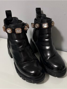 Steve Madden Black Leather Ankle Boots with Crystal Embellished Strap